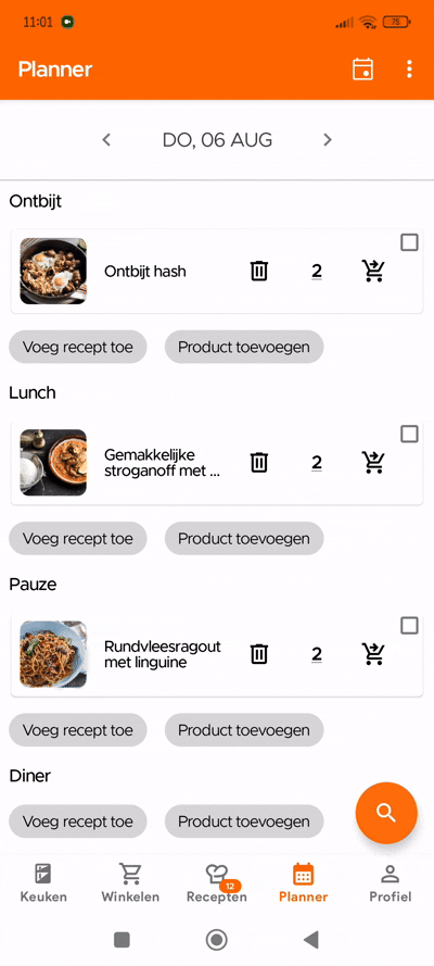 Copying planned meals to another date